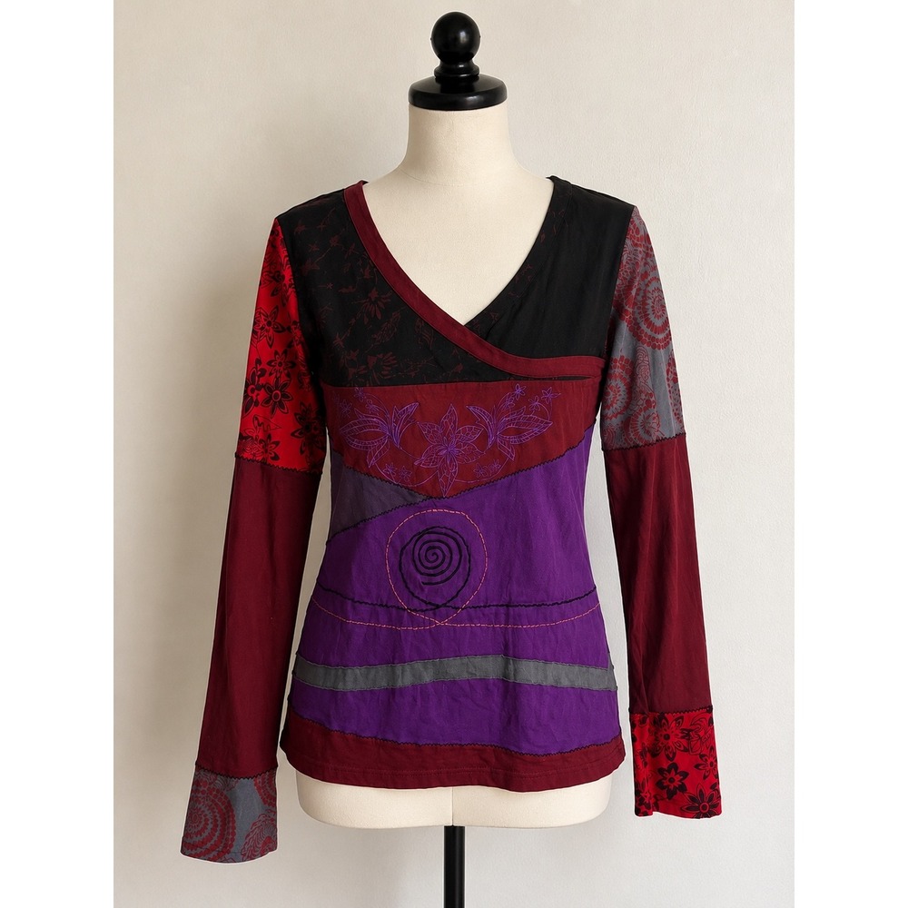 Vintage Patchwork Embroidered Boho Festival Hippie Artsy Wearable Art Top XL